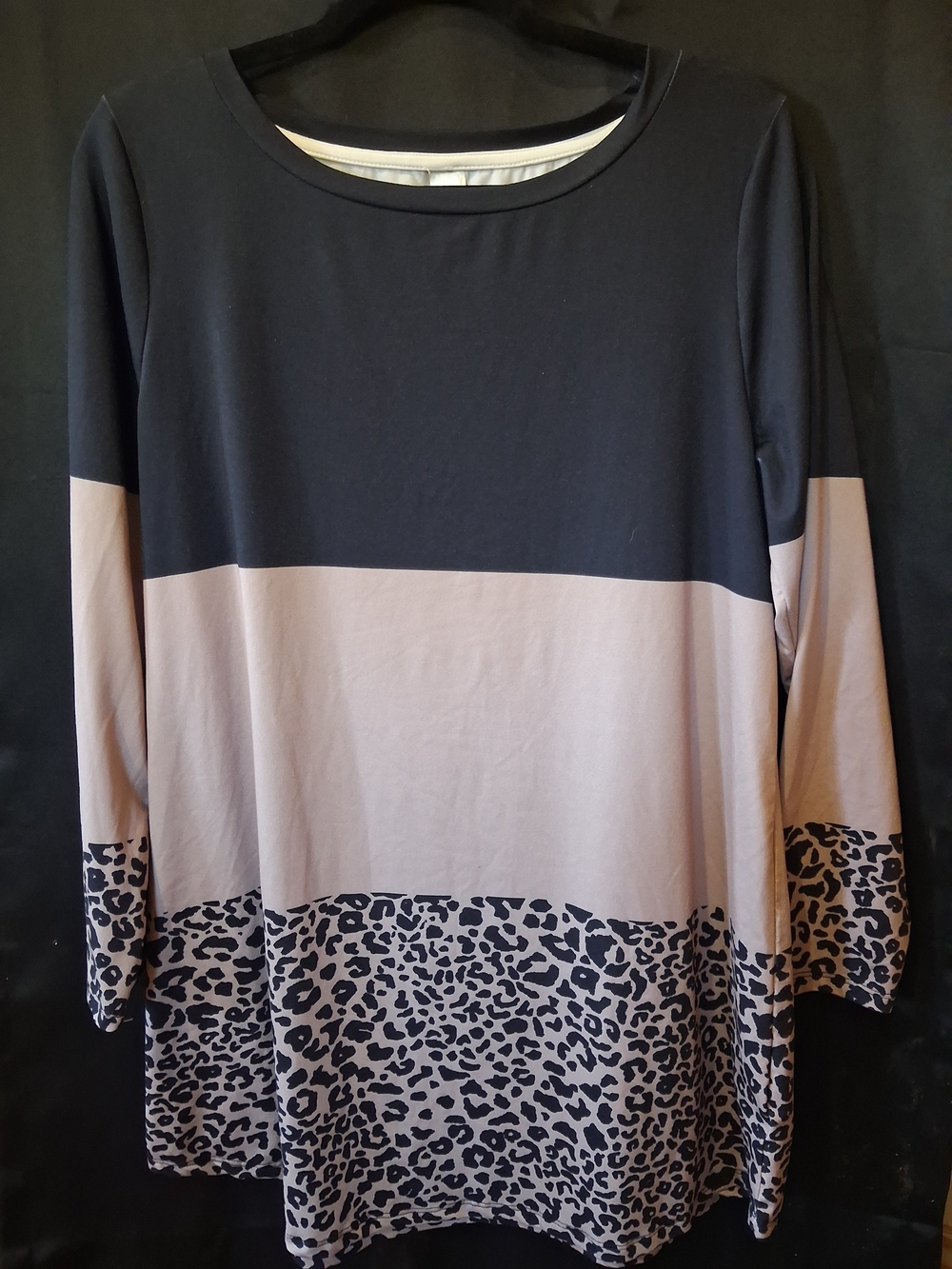 Colorblock Leopard-Trim Long Sleeve Tunic - Black and Taupe